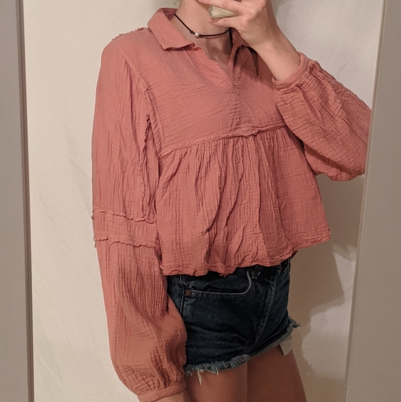 Collared Peasant Peplum Linen Blouse - Picture 1 of 4